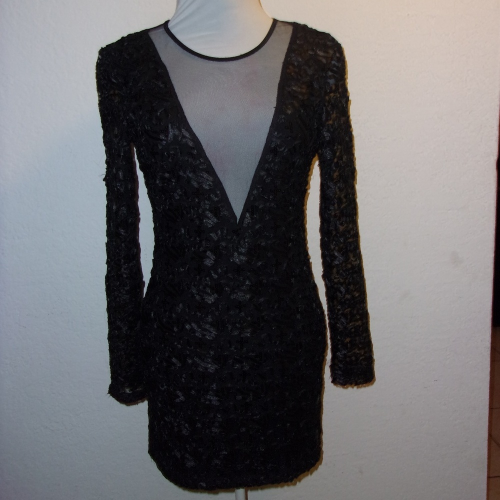 BLACK LACE SEQUIN MINI SPANDEX LONG SLEEVE DRESS S - Picture 1 of 6